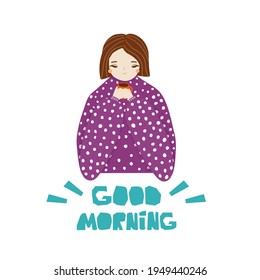 Girl drinking morning coffee. Vector hand drawn illustration.  