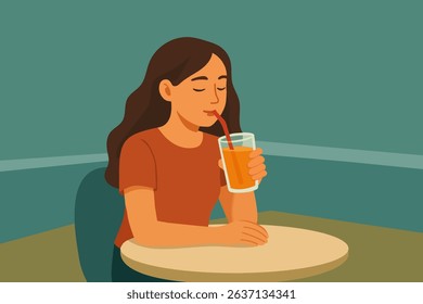 Girl drinking orange juice. Vector stock illustration eps10.