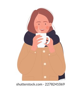 Niña tomando café caliente afuera. Bebida caliente de invierno, taza de té caliente ilustración vectorial