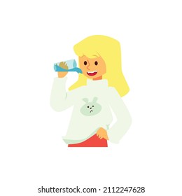 Girl drinking pure water from glass, flat cartoon vector illustration isolated on white background. Child girl drinking and restoring body water balance.