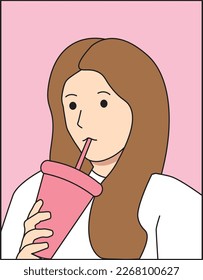 Girl drinking soda or coffee or tea. Pink Background. Brunet Woman. Hand Made Vector Draw. Cafe Concept. Drinking.