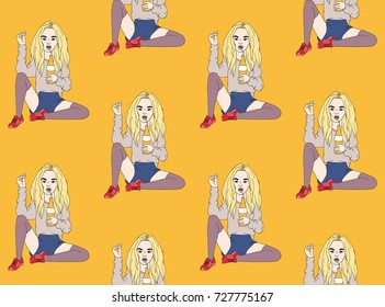 Girl is drinking soda. seamless patern