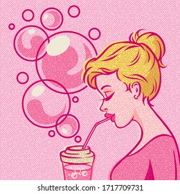 Girl Drinking Soda With A Straw And Bubbles In Background, Vintage Style. Pop Art Vector Retro Illustration.