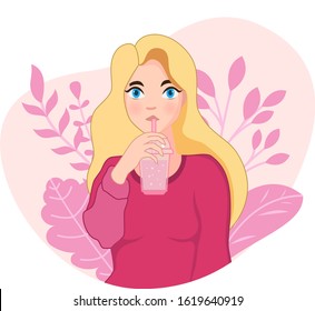 girl drinking a strawberry milkshake vector illustration