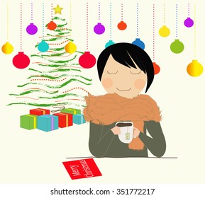 Girl drinking tea after a job well done, namely Christmas tree ornaments for the New Year.