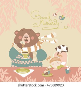 Girl drinking tea with a cute bear