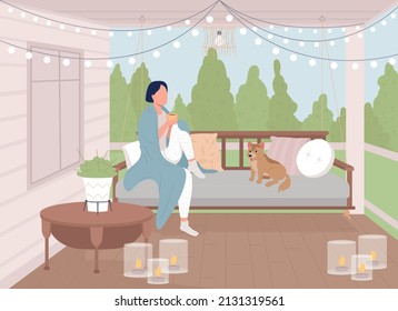 Girl drinking tea flat color vector illustration. Girl sitting on swing with her dog. Scandinavian style. Cozy and comfortable terrace 2D simple cartoon character with patio on background