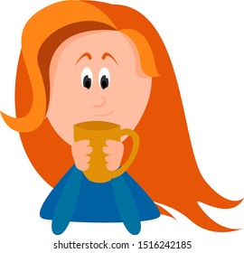 Girl drinking tea, illustration, vector on white background.
