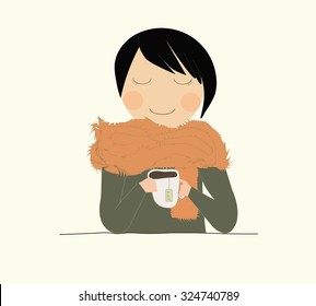 The girl is drinking tea at the table warming in cold weather. Vector
