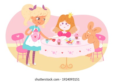 Girl drinking tea with toys at home. Little child playing game indoor vector illustration. Hapy kid, doll and rabbit having tea party at table with cups, teapot, cakes and teapot.