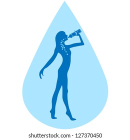 Girl drinking water from a bottle. Water background.(vector illustration)