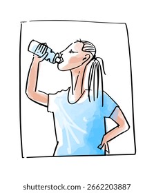 Girl drinking water from bottle. Vector isolated illustration, hand drawn with ink. Sport and health.