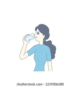 girl is drinking water. character design of vector. doodle art style.