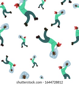 Girl is drinking water from the huge bottle. Seamless pattern with different sizes girls. Bodypositive vector background 