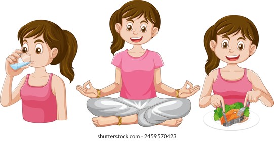 Girl drinking water, meditating, and eating healthy