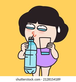 A girl is Drinking Water From One And A Half Litre Bottle. Drinking Too Much Water Can Harm You Concept Card Character illustration