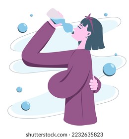 Girl drinking water, self-care. Woman self care concept. A young girl, flat illustration