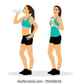 The girl is drinking water. Sports girl. Healthy Lifestyle. Flat design. Vector illustration.