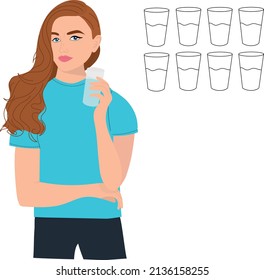 The girl drinking water. Vector illustration