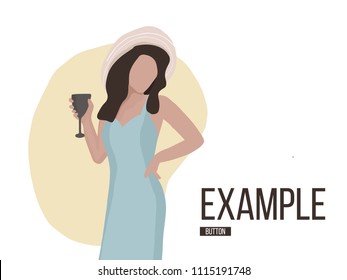 Girl drinking wine flat concept. Casual weekend illustration. Beautiful woman with glass of wine joy clipart.  Happy cartoon art.