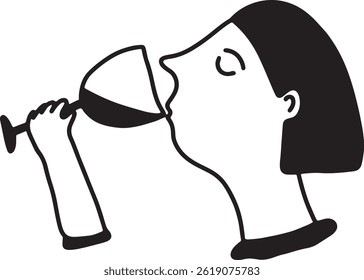 Girl Drinking Wine. Line Drawing Doodle