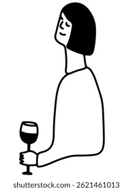 Girl Drinking Wine. Line Drawing Doodle	
