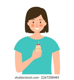 Girl drinking yogurt drink in flat design on white background.