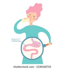 Girl Drinking Yogurt With Probiotics Bacteria In The Gut. Probiotic Through Magnifying Glass In Flat Style. Prebiotic, Lactobacillus Vector In Yogurt. Dairy Contains Lactobacillus Bacteria. - Vector 