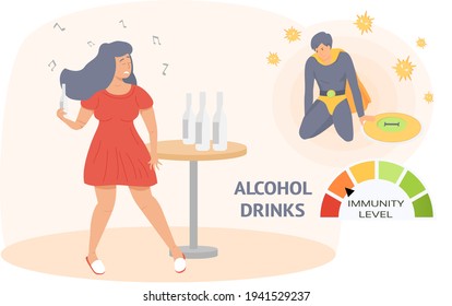 Girl drinks alcohol alone and makes music at home. Immunity level decreases due to drinking