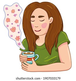 
girl drinks aromatic tea from a mug