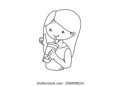 the girl drinks Boba drink lineart style color black