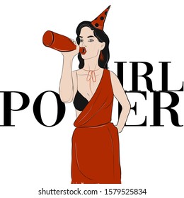 girl drinks from a bottle, party time, celebration style. Fashion brunette woman in red dress and a festive cap on his head
