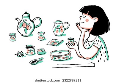 Das Mädchen trinkt chinesischen Tee. Vektorgrafik im Doodle-Stil.