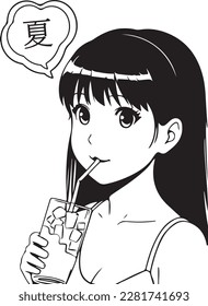The girl drinks a cocktail with ice through a straw. Anime portrait. Summer lettering in Japanese