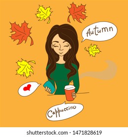 the girl drinks coffee in the autumn