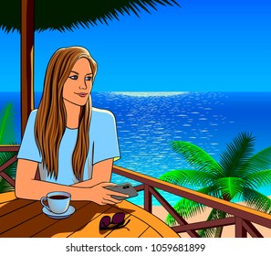 Girl drinks coffee at the beach bar.Vector illustration.