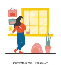 girl drinks coffee before work and looks out the window, a cozy breakfast at home, relax, vector illustration