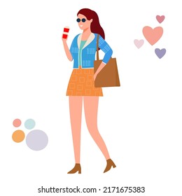 The girl drinks coffee, enjoys a cappuccino drink in a red mug, she is dressed in trendy clothes with a bag on her shoulder. Flat vector illustration on a white isolated background.