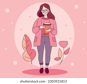 Girl drinks coffee to go outdoors woman enjoys cappuccino in glass mug, young woman holds cafe cup, flat vector, pink palette, gentle shades