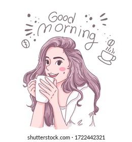 Girl drinks coffee in the morning. Cartoon artwork. Character design of vector.