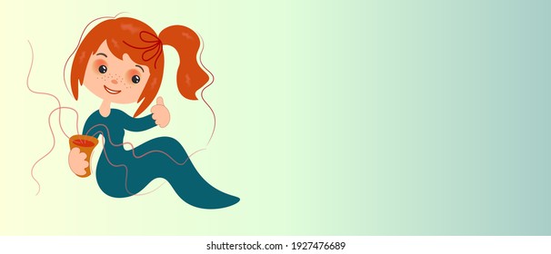 The girl drinks coffee and praises him. Cute baby emotions. Delicate vector background with place for text.