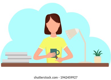 The girl drinks coffee with sweets. Lunch break, rest from work. The woman at the work table is drinking tea from a cup. Vector, concept.