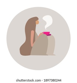 The girl drinks coffee, tea. Vector illustration in a restrained range, pastel colors.