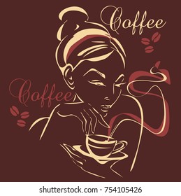 The girl drinks coffee. Vector.