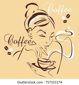 The girl drinks coffee. Vector.Cap of coffee. Beige background. Brown.