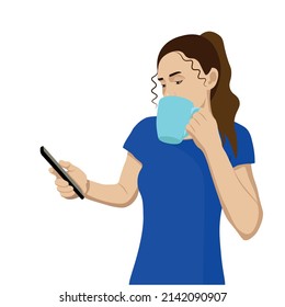 A girl drinks from a cup and looks at a smartphone, a flat vector on a white background, a blogger, a public opinion leader, an influential person