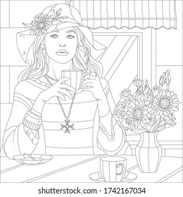 А girl drinks from a cup near a cafe. Coloring page