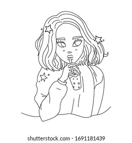 girl drinks a drink through a straw