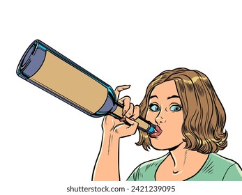 A girl drinks from a glass bottle with a surprised look. Great deals for bar and restaurant visitors. Empty space for inscription on the bottle. Comic cartoon pop art retro vector illustration hand