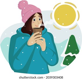 The girl drinks hot coffee or tea. The sun is shining and it is snowing. Vector illustration.